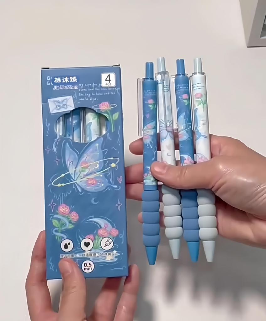 4 szt. Długopisy żelowe wysuwane z motylkami, płynne pisanie z wygodnym uchwytem, 0,5 mm, czarny tusz, artykuły biurowe do pisania