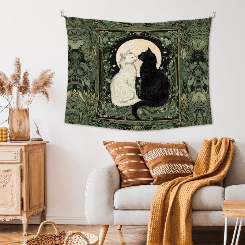 Black White Cat Moon Art Nouveau Wall Tapestry Dark Green Gold Frame Kitten Pair Crescent Floral William Morris Goth Soft