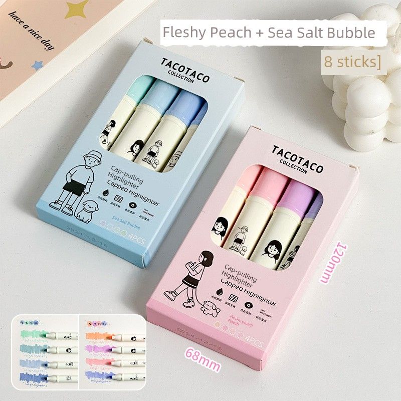 

Grade Three Class Two Taco Cap Pulling Fluorescent Pen Student Only Good-looking Color Mark Stroke Key Marking Pen [Fleshy peach + sea salt bubble] 8 colors