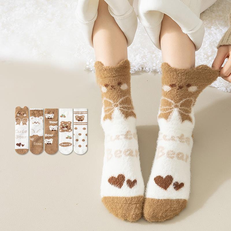 Autumn Winter Coral Velvet Socks Cartoon Bear Socks For Women Children Girls Middle Tube Thickened Sleep Socks Home Floor Socks