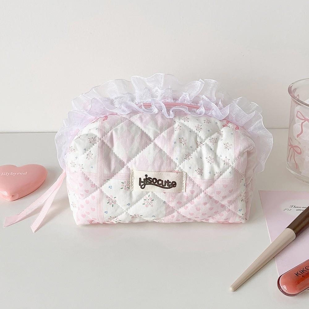 Quilted Makeup Bag Large Capacity Zipper Ruffles Pen Bag Portable Cosmetic Organizer Travel