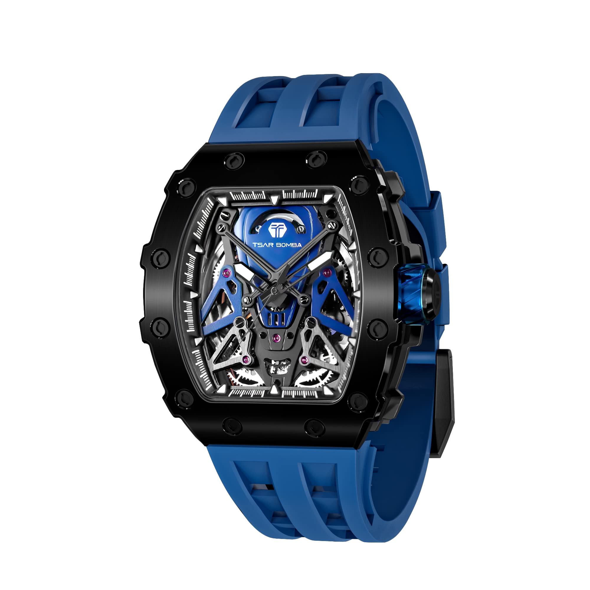 

TSAR BOMBA Watch Business 50M Water Resistant Skeleton Watch Стильний чоловічий годинник Tonneau Tonneau з нержавіючої сталі, японський механізм, блакитний