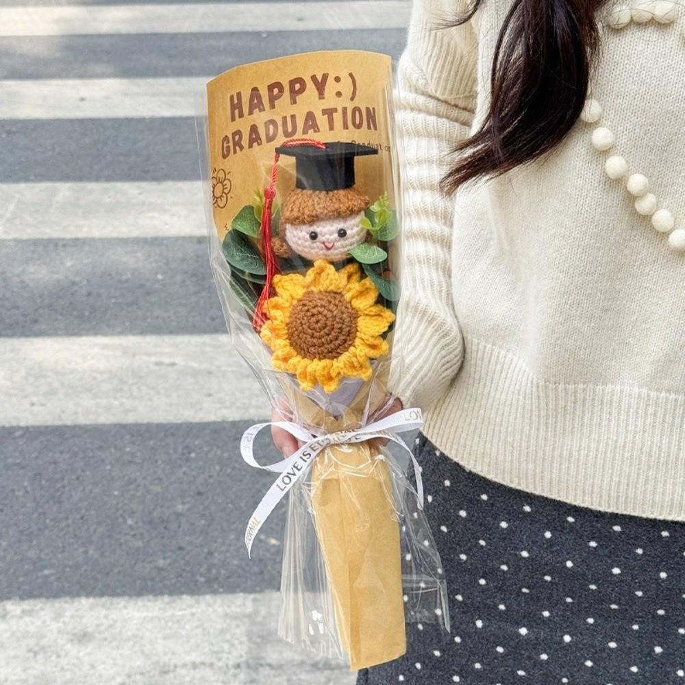 New Handmade Crochet Graduation Bouquet Home Decor Graduation Gifts Bear Crochet Sunflower Bouquet Cute Doctoral Bouquet