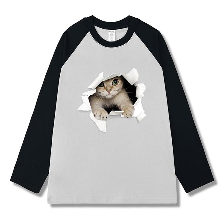 

Винтажный принт с рисунком кота, футболки с длинным рукавом, осень, харадзюку, цветная строчка, женская повседневная футболка большого размера, топ Y2k, уличная одежда XXL