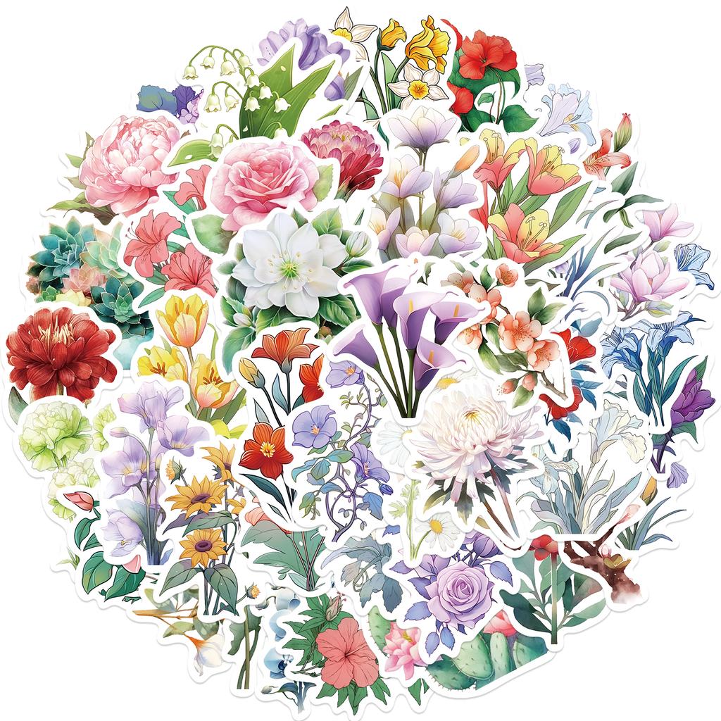 50Pcs Plant Flower Stickers Aesthetic Ins Decals Kids Toy Diy Notebook Bike Phone Luggage Car Waterproof Decoration Sticker