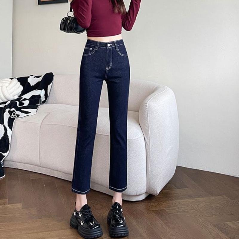 Nine-point Smoke Pipe Jeans for Women In Spring and Autumn New High-waist Elastic Slim Small Narrow Version Straight Pants
