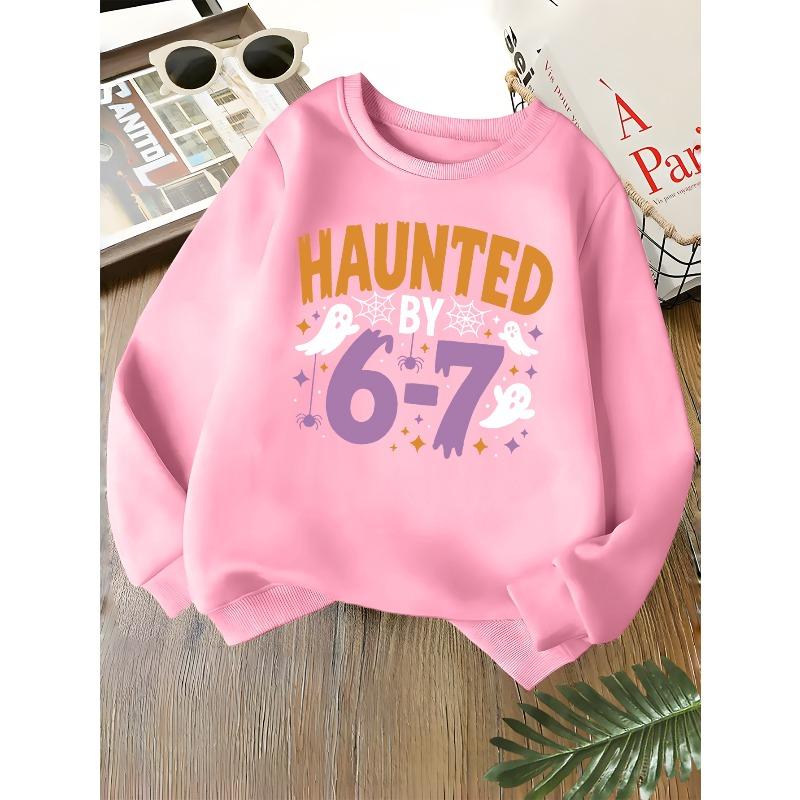 Kids Unisex Crewneck Sweatshirt, Halloween Theme "HAUNTED BY 6-7" Ghost Spider Web Star Letter Graphic, Sweatshirt for Boys Girls Over 4 Years Old