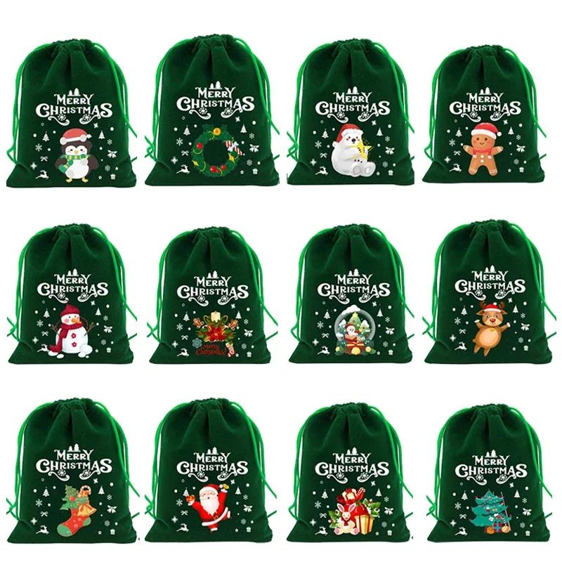 

12-48PCS Reusable Christmas Fabric Drawstring Gift Bags Holiday Pouches for Candy Cookies Apple Wrapping Party Favor Random-12PCS зелёный