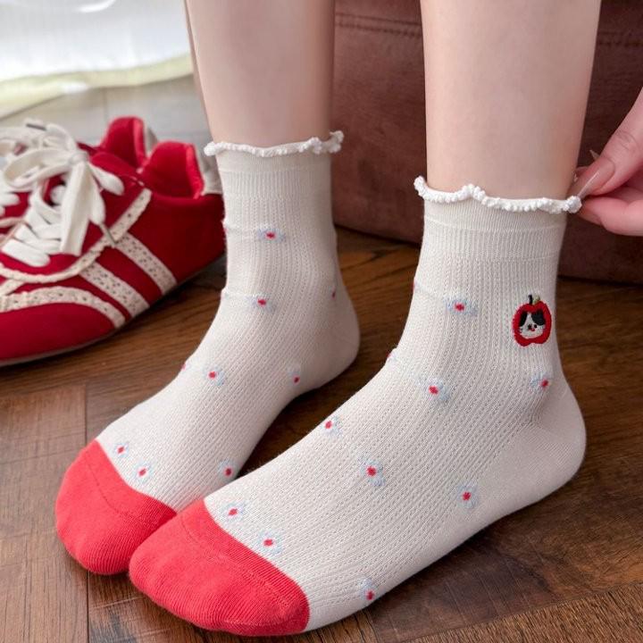 Cute Animal Embroidery Mid-Calf Socks - Trendy Spring/Summer School Style