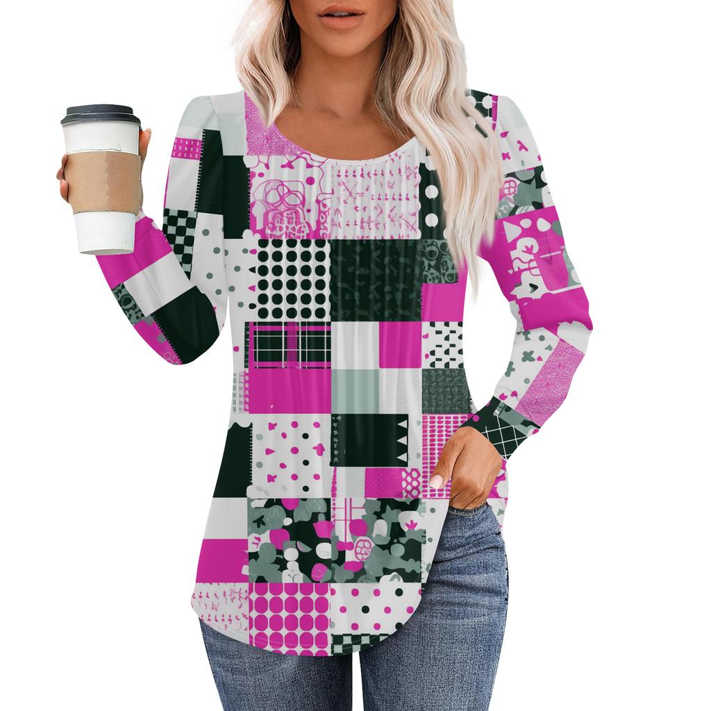 Women's Fashion Casual Pleated Round Neck Vintage Floral Print Long Sleeve T,Shirt Top