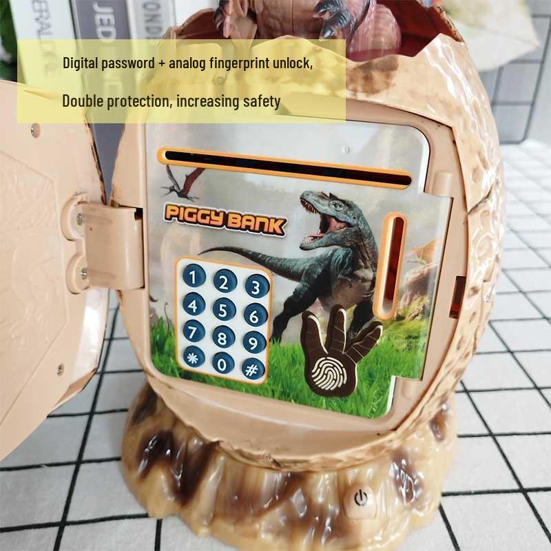 Dinosaur Egg Piggy Bank with Password Lock, Fingerprint, Luminous Music, and Automatic Money Rolling Feature for Kids.