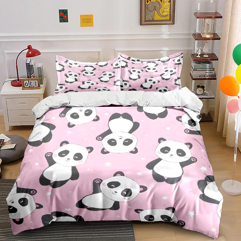 Pink Background Cartoon Panda Pattern Bedding Set 1 Duvet Cover 2 Pillowcases for Adult and Children Luxury Gift Full Size