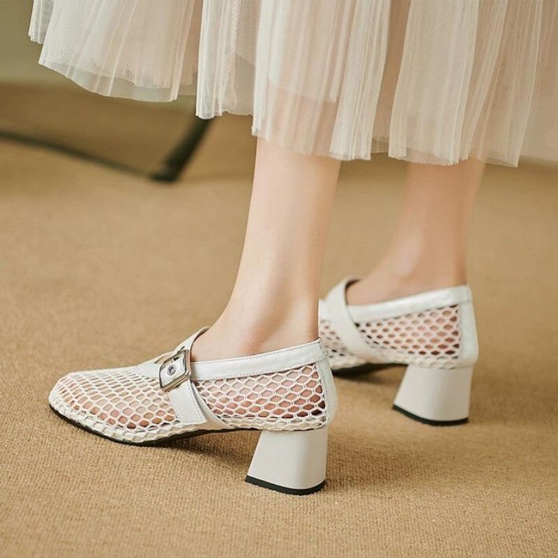 Fashion Mesh Mary Jane Single Shoe Women's Summer New Round Head Line with Hollow Mesh High-heeled Sandals