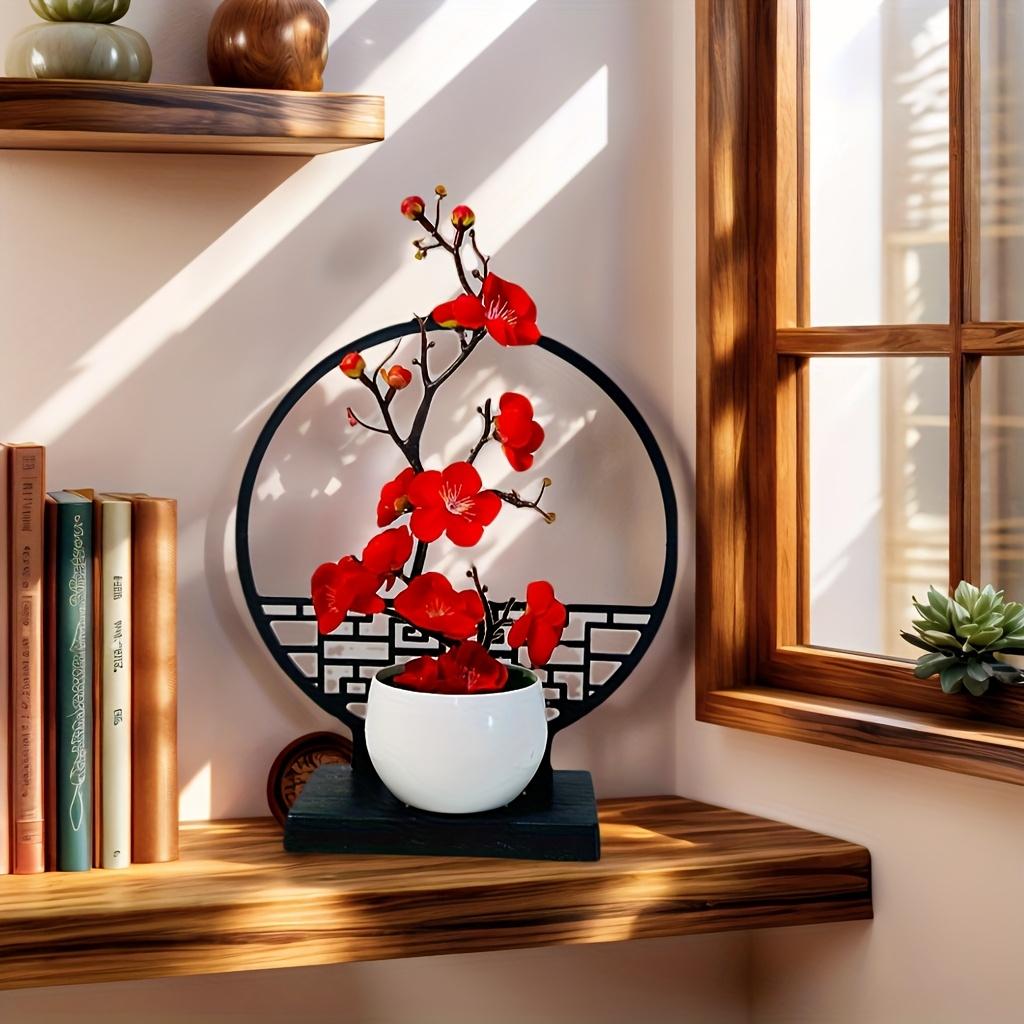 Elegant Chinese-Style Artificial fower Plum Blossom Bonsai Set with Screen Base - Perfect for Home and Office Decor,