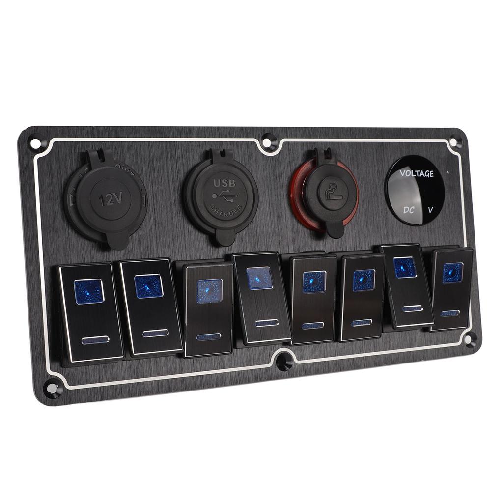 8 Gang Rocker Switch Panel 12 to 24V 2 Blue LEDs with DIY Sticker 5 Pin Waterproof for Cars RVs Yachts Ships