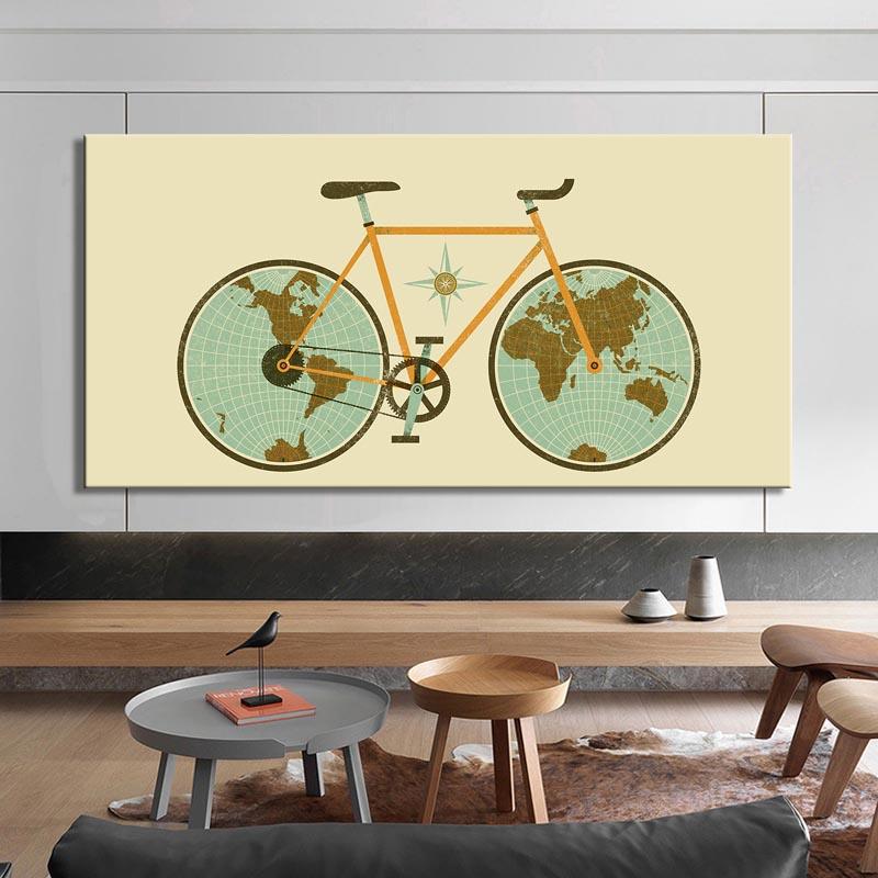 Abstract World Map On Bicycle Wheels Canvas Painting Posters and Prints Wall Art Pictures for Cuadros Living Room Decor No Frame