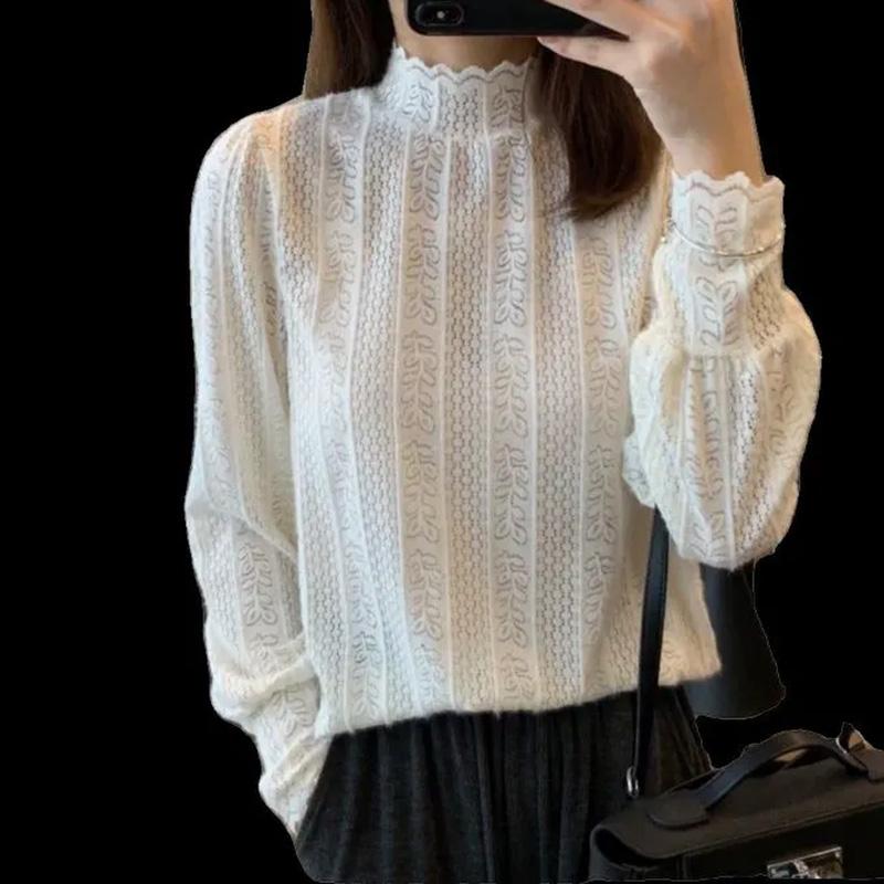 Sweater for Women Autumn Winter Thickened Pullover Warm Lace Trim Stretchy Long Sleeve Half-high Neck Oversize Jumper Tops