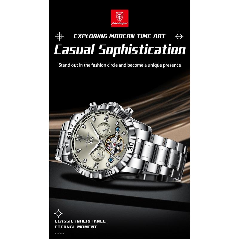 POEDAGAR Top Luxury Men Watch Automatic Date Week Man Wristwatch Hollow Tourbillon Mechanical Stainless Steel Watches