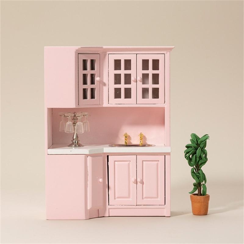 1/12 Dollhouses Kitchen Cabinet Miniature Furniture with Sink Craft Project Model Kitchen Room Scene Decorative Accessory