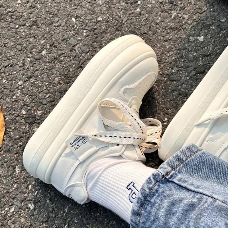 Fashion 2024 Pure White Shoes for Women Platform Cute Round Toe All-match Pu Leather Sneakers Athletic Casual Vulcanized Zapatillas
