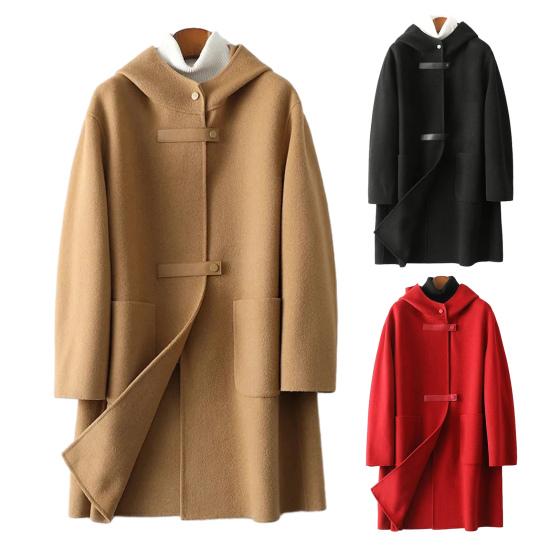 Dámský dlouhý vlněný kabát s kapucí Jednořadý ležérní vlněný trenčkot s kapsami Podzimní zimní svrchní oblečení