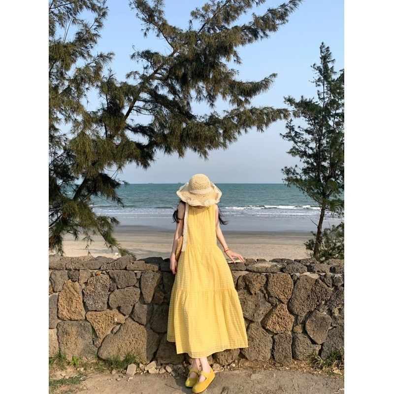 French sleeveless vest yellow dress children s summer new early summer wear seaside holiday dress S жёлтый