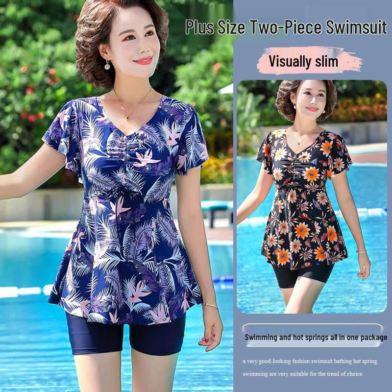 Plus Size Two-Piece Swimsuit for Mature Women - Conservative and Loose Fit Swimwear for Spa and Hot Spring