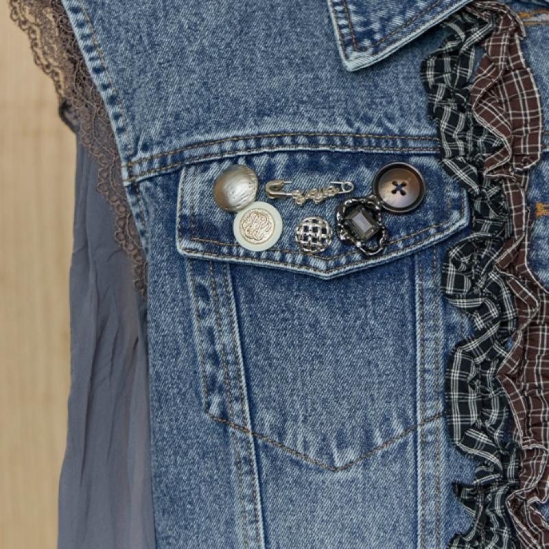 MAXZA Denim Vest With Check And Ruffle Trimming