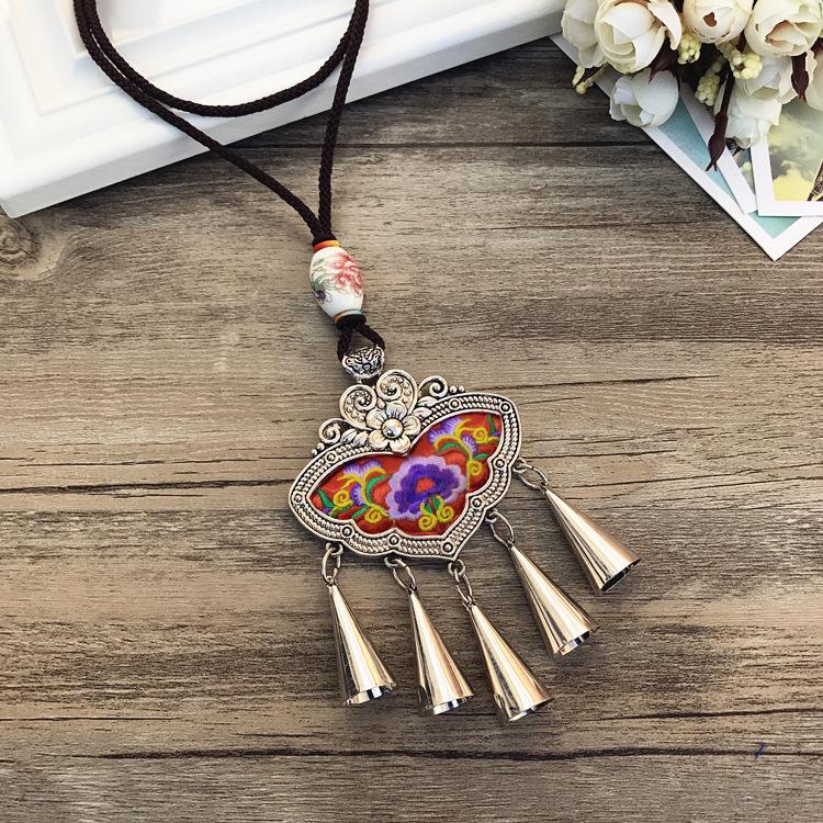 Retro Long Fashion Classical Embroidery Fringed Necklace Temperament Wind Chimes Pendant Miao Sweater Chain Accessories