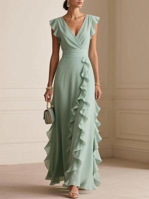 Women's Solid Color Ruffled Pleated Short Sleeve V-Neck Dress Long Gown Party Dress