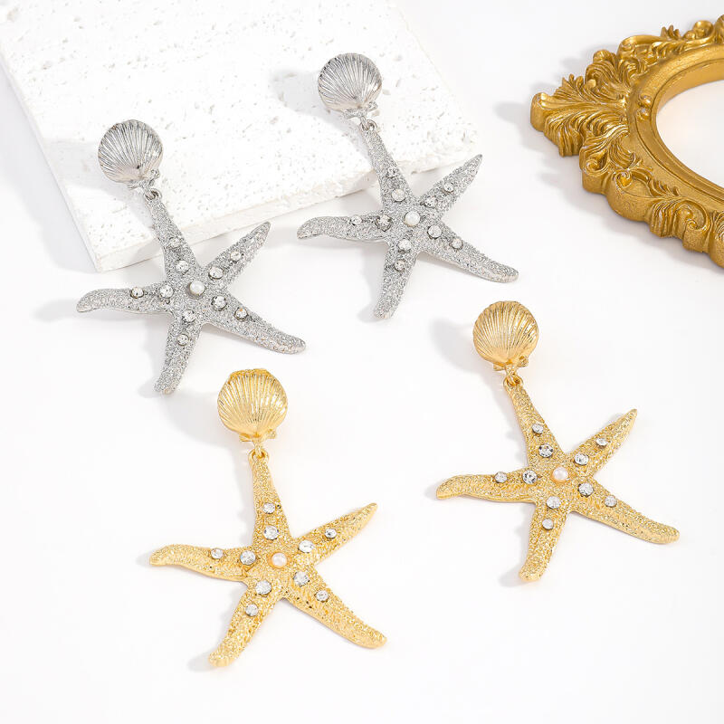 Exaggerated Texture Large Star Shell Drop Earrings for Women Ladies Bohemian Vacation Style Dangle Earrings Jewelry Accessories