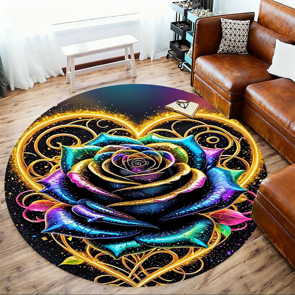 1pc Rainbow Rose Golden Heart Round Chair mat Area Rug - Non-Slip, Floor Mat for Office, Bedroom, Ideal home decor Christmas Gift p0811465