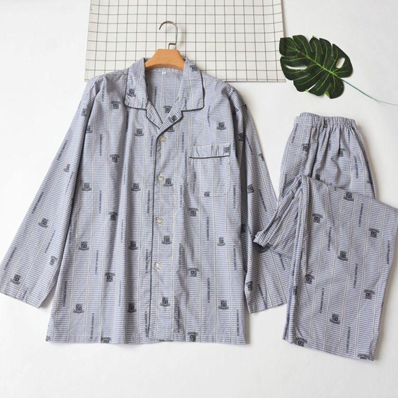 Foreign Trade Orders Exported To Japan Summer and Autumn Thin Men's Woven Pure Cotton Printing Comfortable Long Sleeve Trousers Pajamas Home Wear Set