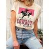 T-shirt da donna in cotone stampata stile western cowboy, maglietta estiva bianca a girocollo, manica corta larga casual, top rétro
