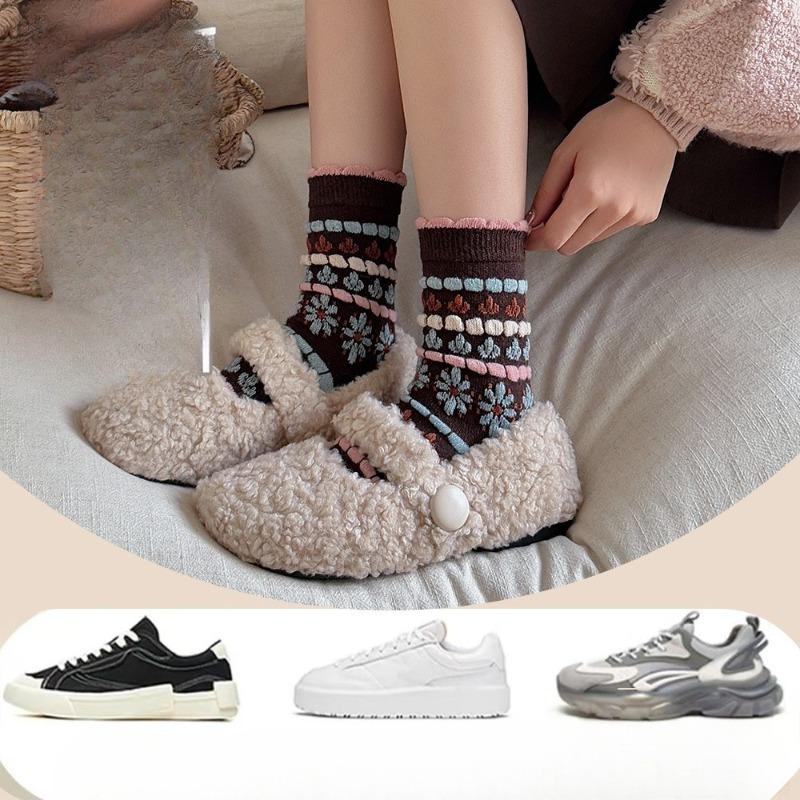 Retro Wool Socks, Flower Mid-calf Socks, Pile Socks, Coffee-colored Warm Thickened Geometric Mid-calf Socks