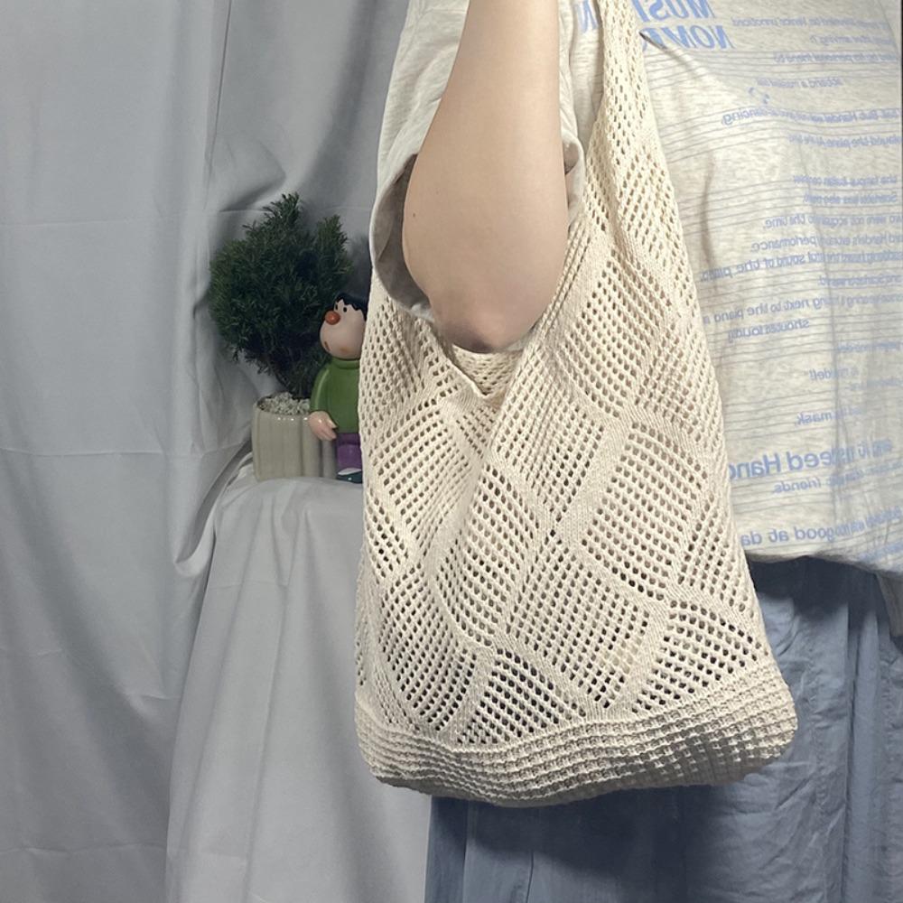 Washable Woven Shopping Bag Large Capacity Shoulder Bag Fashion Hollow Knit Tote Bag  Summer