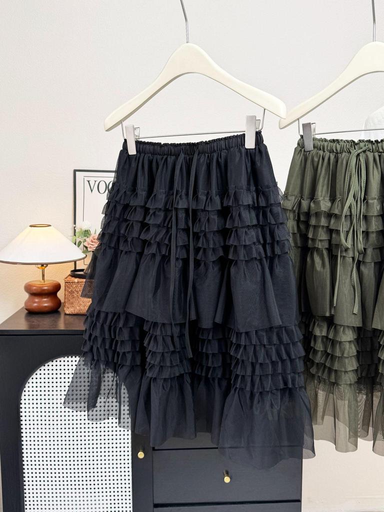 Korean Style Ruffle Mesh Layered Skirt - Women's Puffy Mid Skirt for Spring/Summer