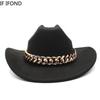 Vintage zachodni kapelusz kowbojski z grubym złotym łańcuszkiem zakrzywiony okap Cowgirl czapka jazzowa kobiety filcowe kapelusze Fedoras