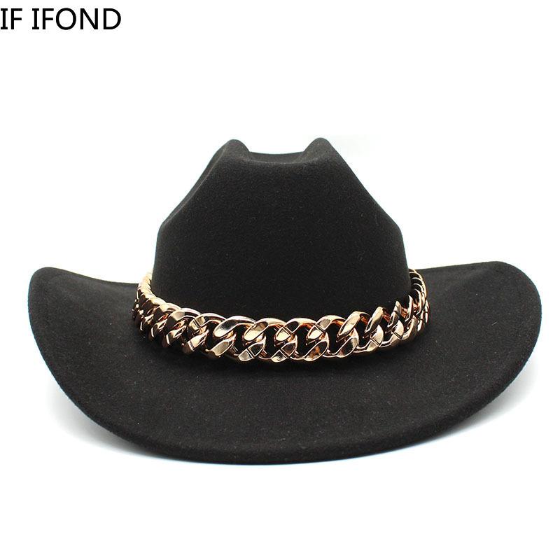 Vintage zachodni kapelusz kowbojski z grubym złotym łańcuszkiem zakrzywiony okap Cowgirl czapka jazzowa kobiety filcowe kapelusze Fedoras