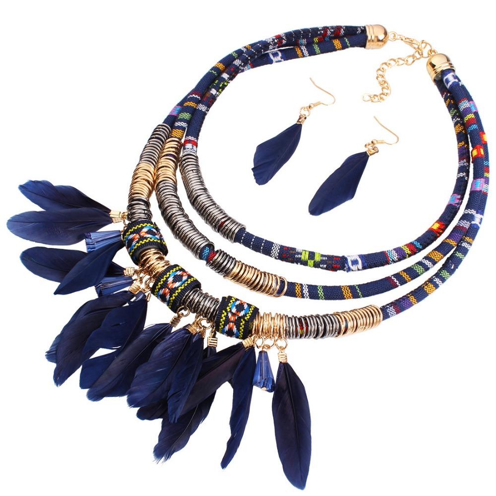 Fashion Bohemian Necklace Vintage Necklace Earrings Set Feather Tassel Necklace  Dating Accessories