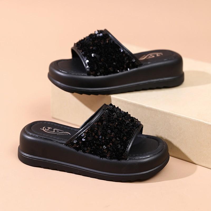 

One word with slippers thick bottom summer new fashion outer wear small light sequined cool slippers 35 чёрный