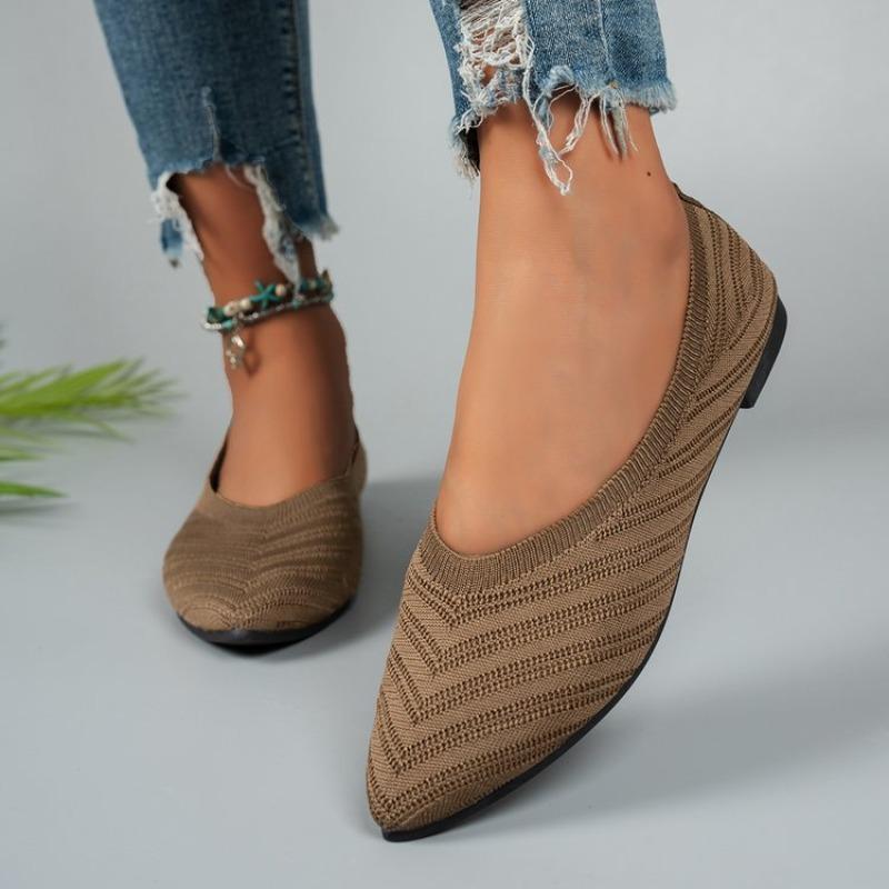 Fashion Plus Size Flats Summer New Pointed Toe Shallow Mouth Knit Flying Wire Breathable Soft Sole Non-Slip Wear-Resistant Single Shoes