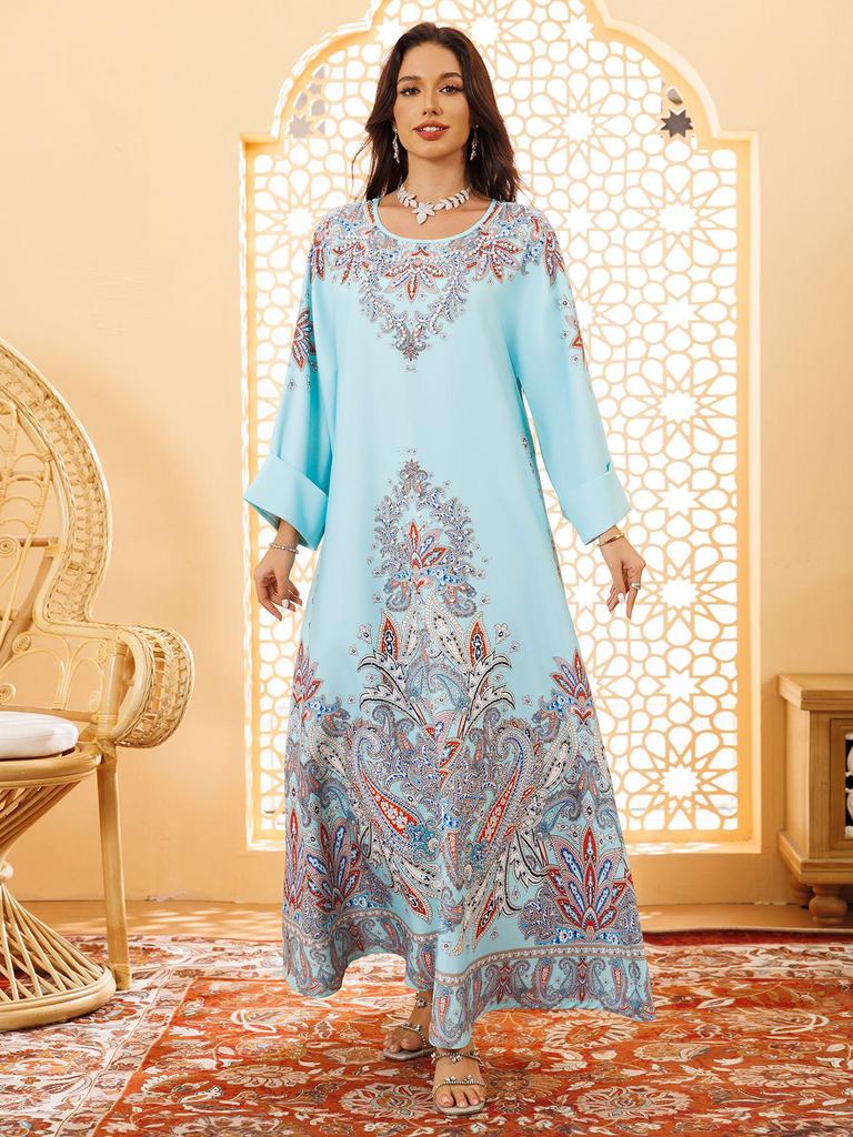 AB400 Muslim Fashion Floral Dress with Hot Drill Embellishments - Middle Eastern Style Robe for Women