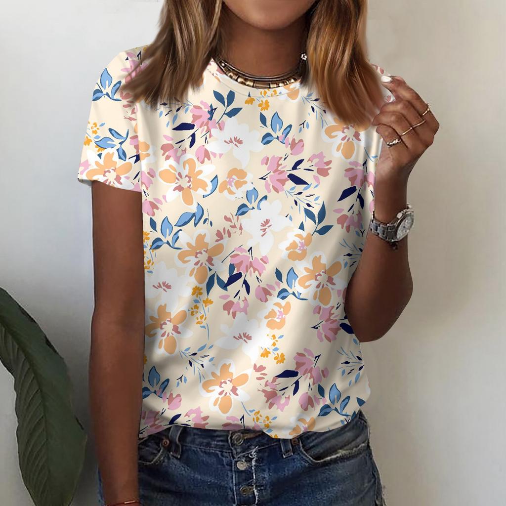 Kurzärmliges T-Shirt mit Rundhalsausschnitt für Damen, modisches T-Shirt mit Blumendruck, lässiges Oberteil, schulterlanges Kurzarmoberteil