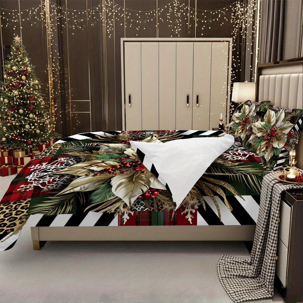 Lifesmells 2/3Pcs Poinsettia Pattern Duvet Cover Set - Festive Christmas Bedding With All-Season Soft Polyester Zipper Closure