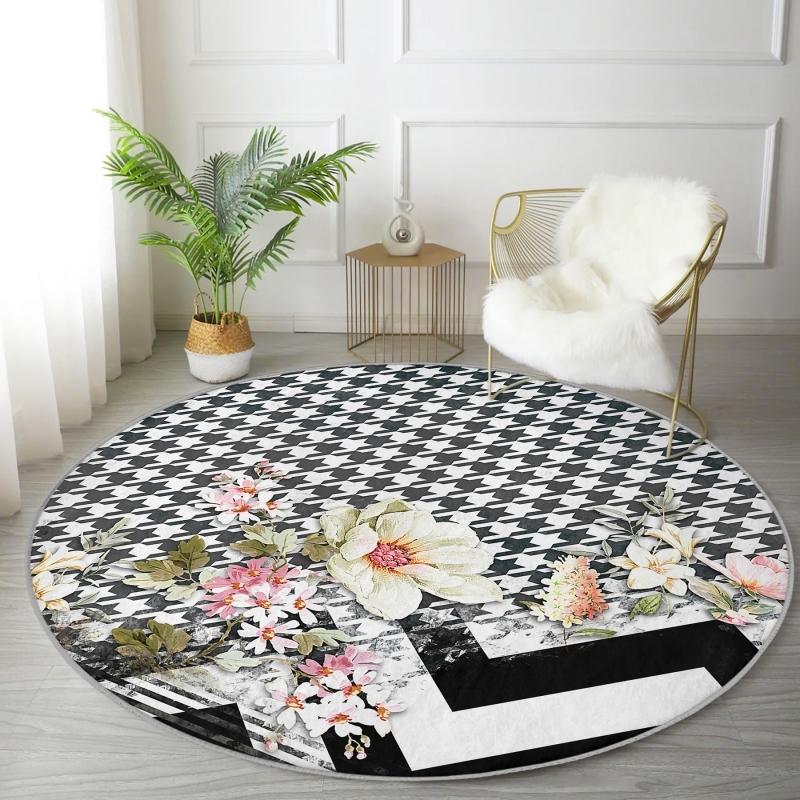 

Зигзагообразные и гусиные лапки Цветы на полу Специальный дизайн Цифровая печать Современная серая гостиная и гостиная Круглый ковер с нескользящим полом