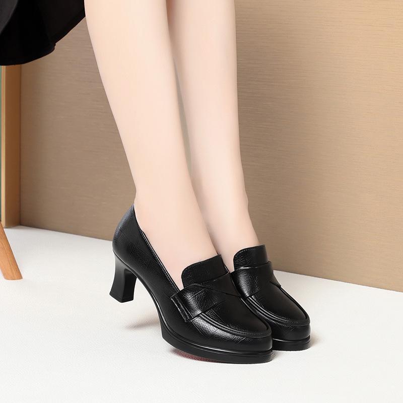 

6cm 9cm Breathable Comfortable Deep Mouth Soft Leather Shoes Heeled Pumps 2025 Spring Block High Heels Shoes Office Model Mom 35
