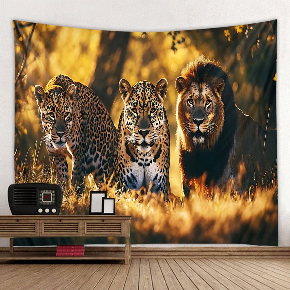 Hippie Cartoon Animal Background Tapestry Wall Hanging Tiger Lion Wolf Elephant Mural Home Decor Room Bed Cover Beach Mat