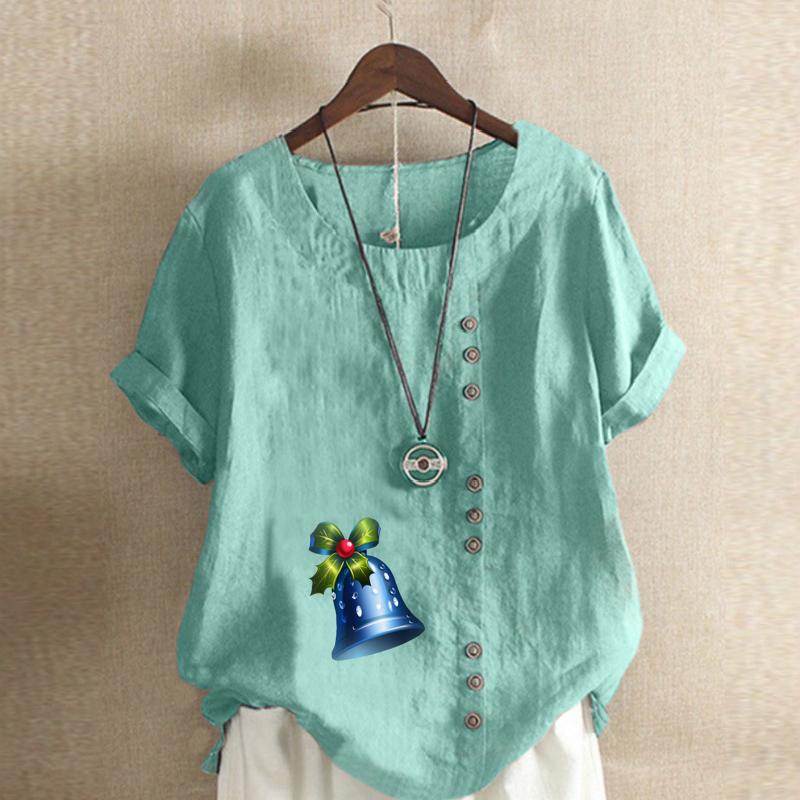 Women's Fashion Small Bell Prined Round Neck Short Sleeve T-shirt Casual Cotton Linen Graphic Shirt Leisure Loose Summer Blouse Tops