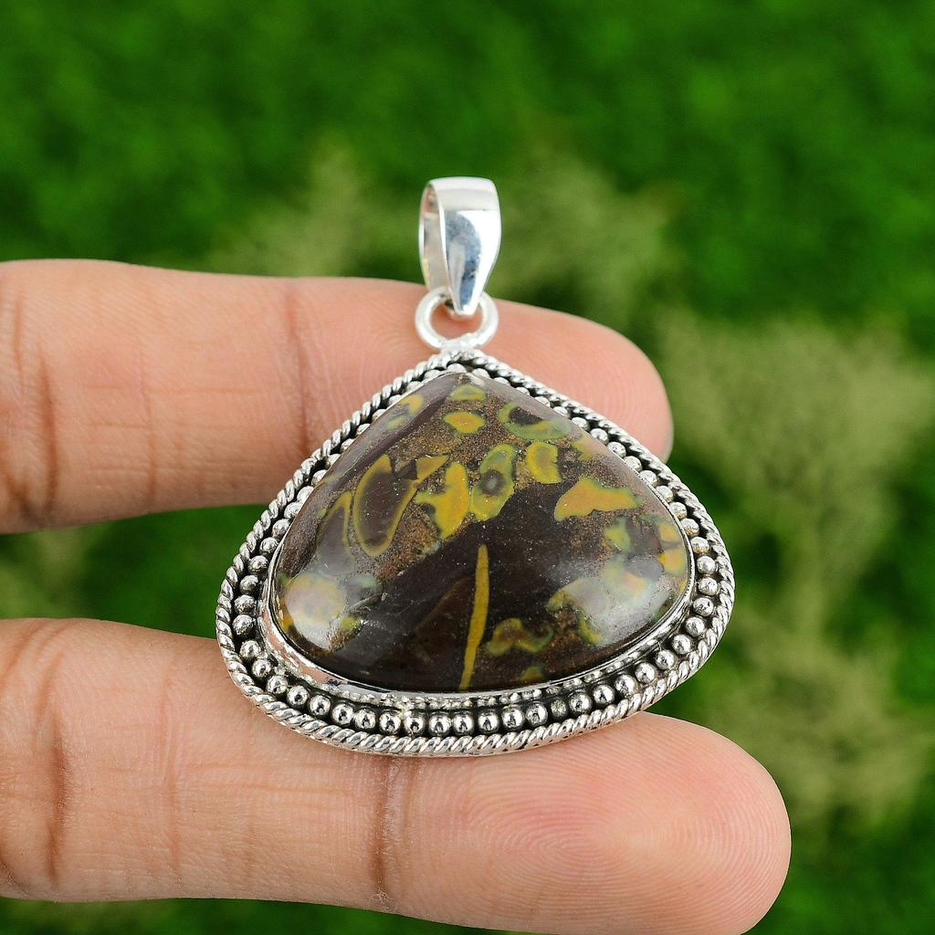 Pear Rhyolite Stone Wedding Birthday Bezel Mother Pendant 925 Sterling Silver